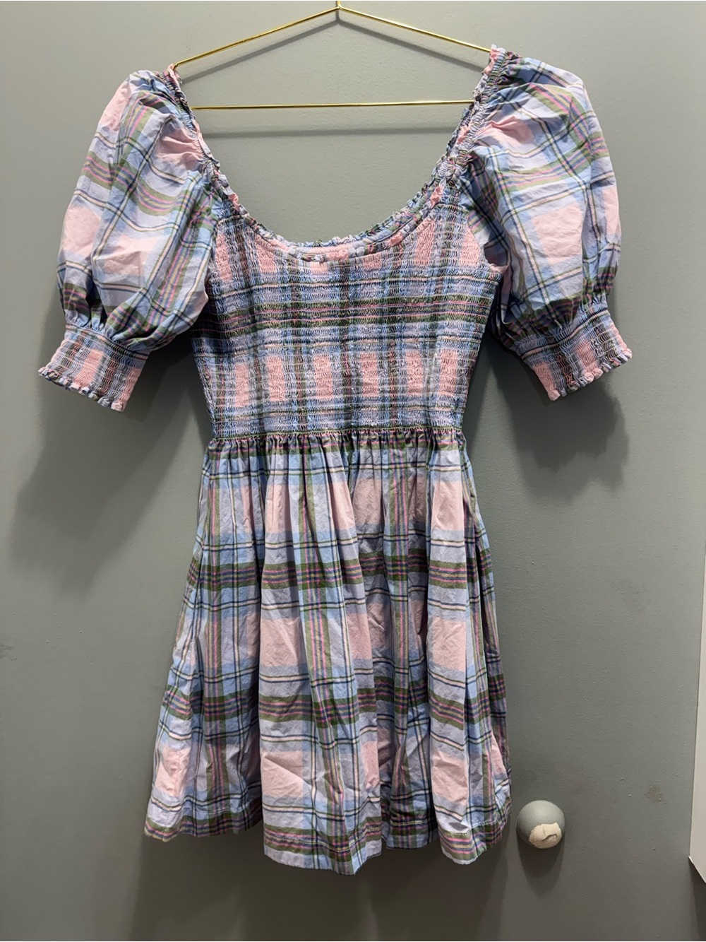 Hill House Pastel Plaid Smocked Puff-Sleeve Mini Dress
